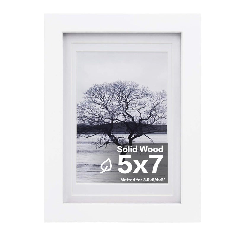 Egofine 5x7 Picture Frame Made of Solid Wood, Covered by Plexiglass Display Pictures 3.5x5/4x6 with Mat or 5x7 Without Mat for Table Top Display and Wall Mounting Photo Frame, White - Image 1